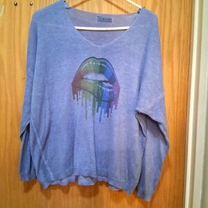 New Collection Blue Knit Sweater With Mouth Colored Graphics Size L/XL